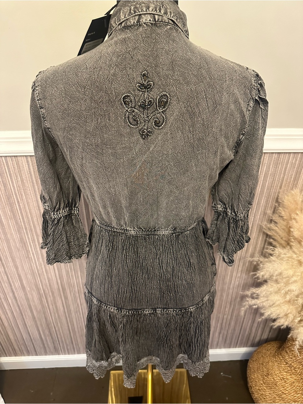Young Threads Charcoal Embroidered Boho Mini Dress Beaded Lace Hem Small - Picture 8 of 12